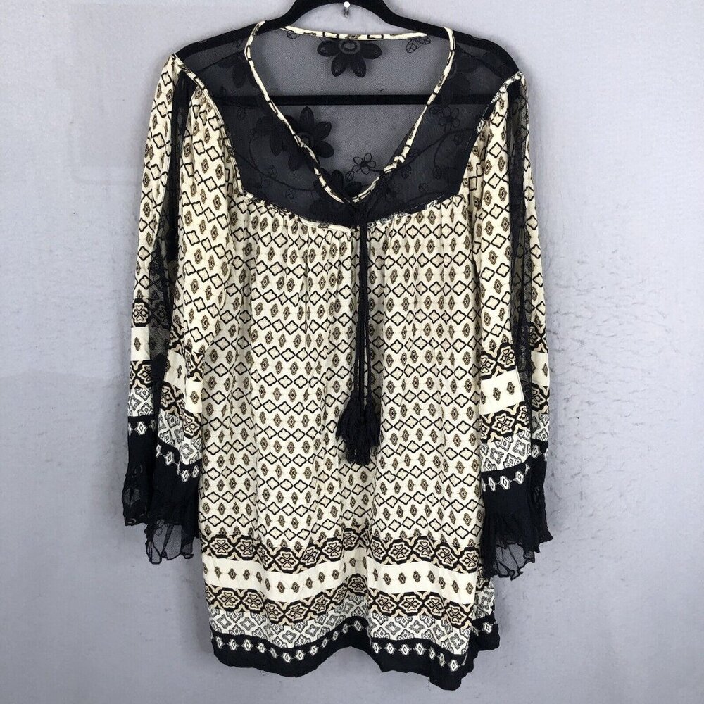 Esley Top Womens M Tan Black Sheer Lace Mesh Fairy Boho Grunge Artsy Retro